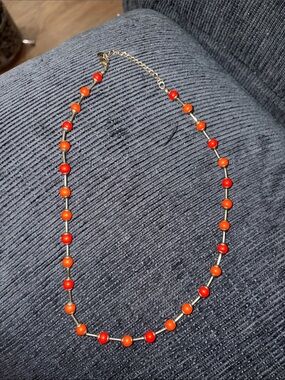 14-Gold-Tone Necklace with Red and Orange Beads
